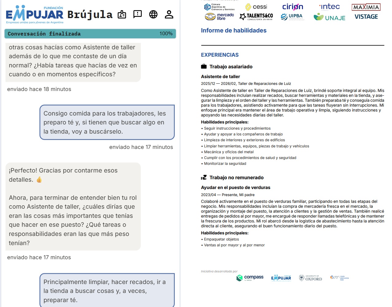 Example of Brújula Conversation and CV